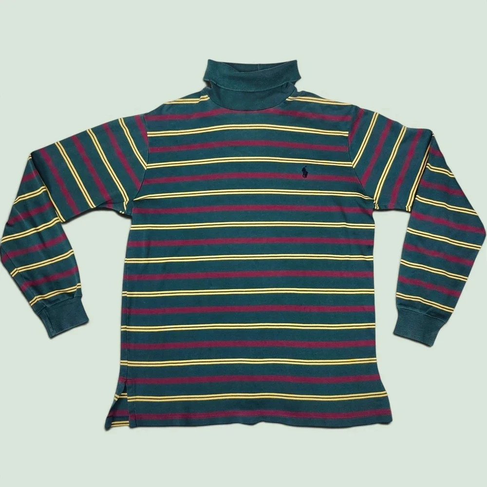 Vintage 90s Polo Ralph Lauren Striped Green Turtleneck Shirt USA Burgundy M